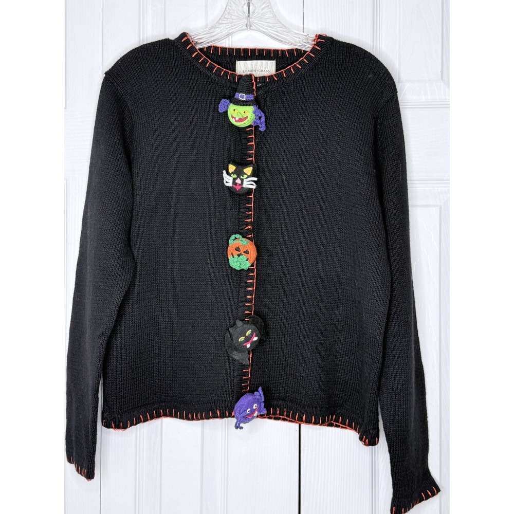 Vintage Lemon Grass Black Knit Halloween Cardigan‎ Size PS Petite Small Festive